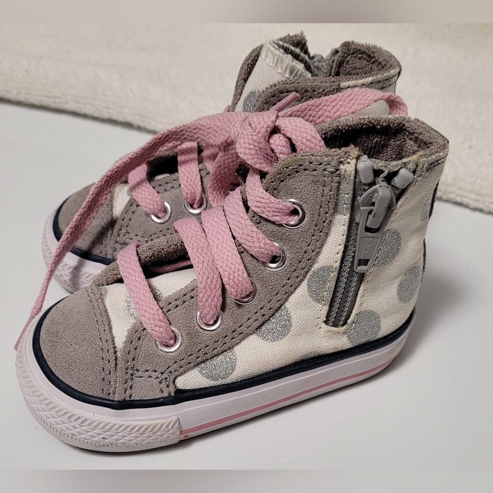 Converse girls high top sneakers. Silver glitter polka dots, gray suede